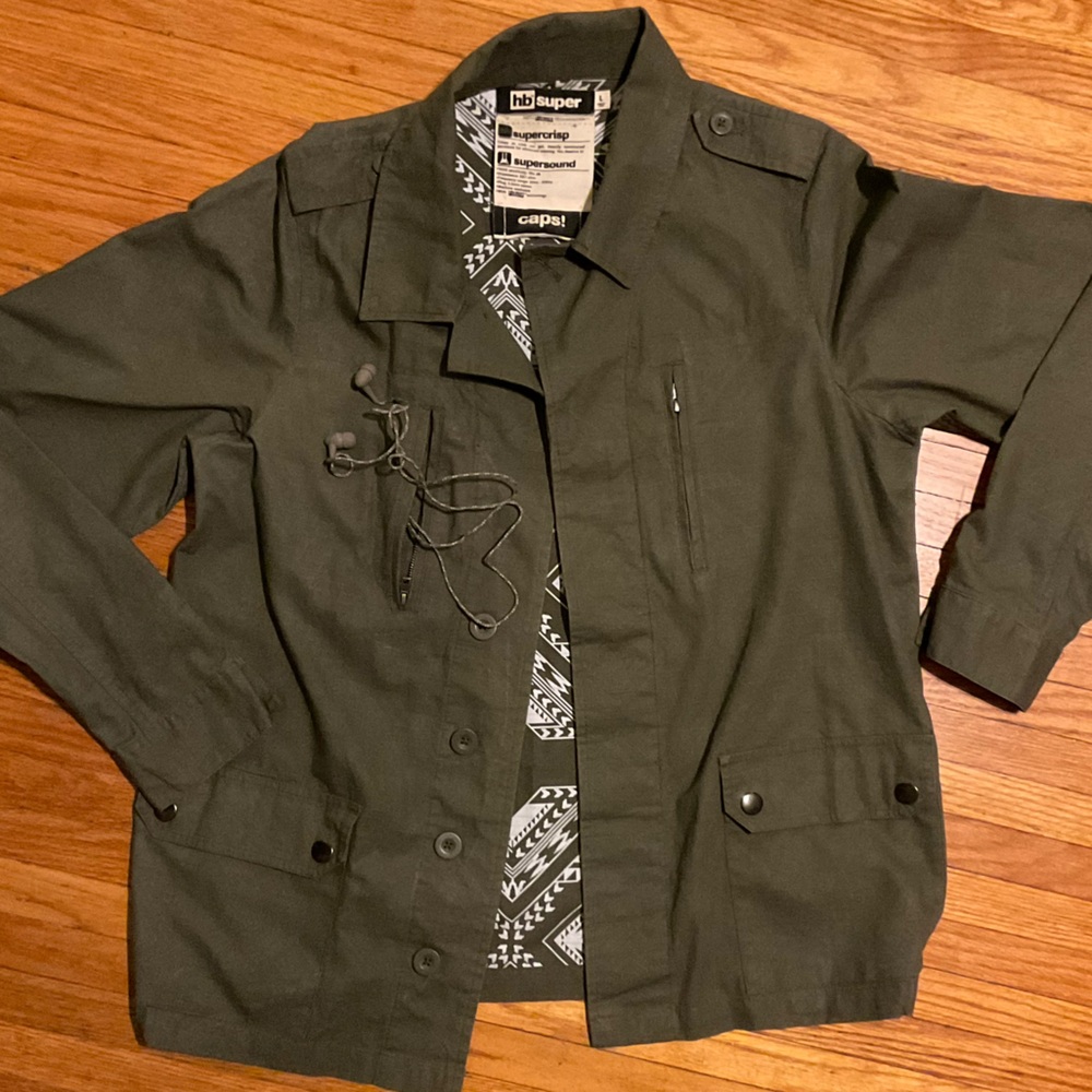 "HOODIEBUDDY" HB SUPER OD GREEN RIPSTOP FIELD JACKET W/BUILT IN HEADPHONES LG